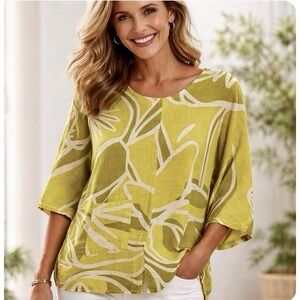 New Collection Italy Linen Cotton Chartreuse Abstract Oversized Blouse Top L/XL